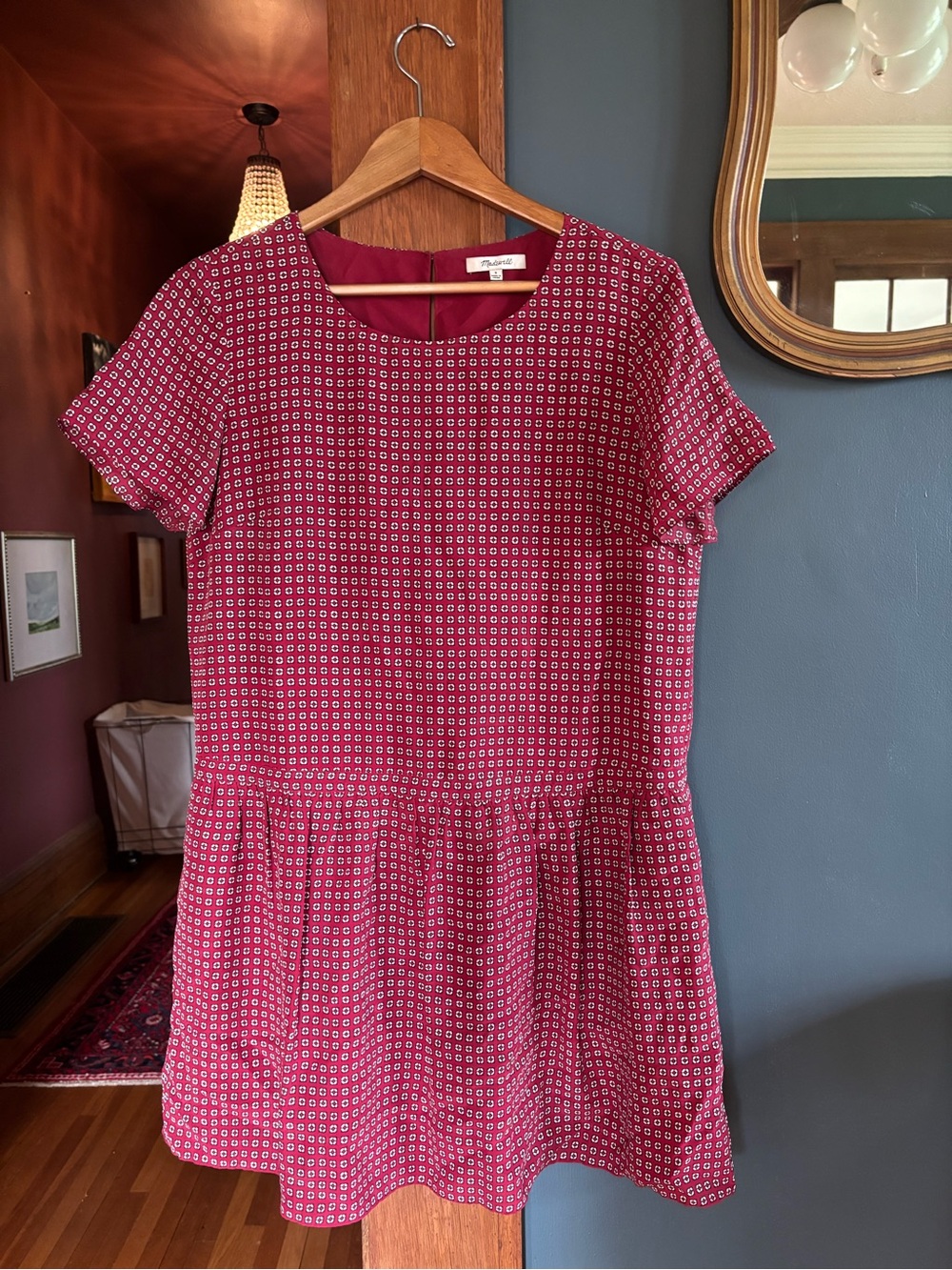 Madewell Red Shirt Sleeve Lined Ascot Tile Burgundy Drop Waist Dress